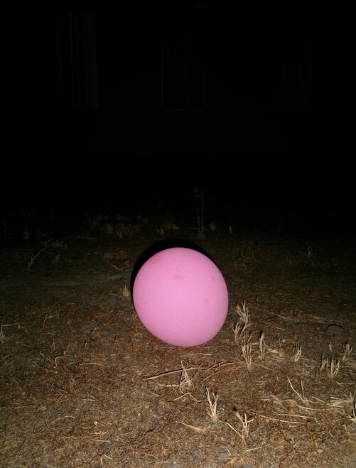 A lone pink balloon left in a dry field against the dark night background. California. Photography by Mike Hamar.